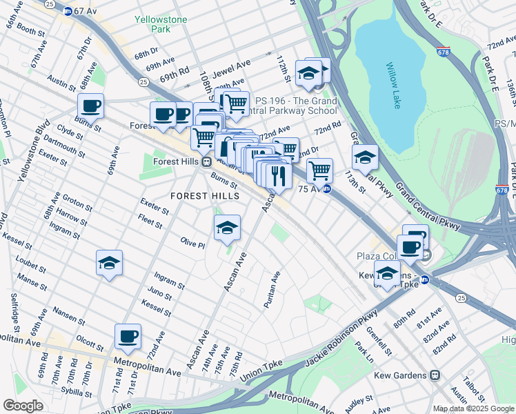 map of restaurants, bars, coffee shops, grocery stores, and more near 22 Slocum Crescent in Queens
