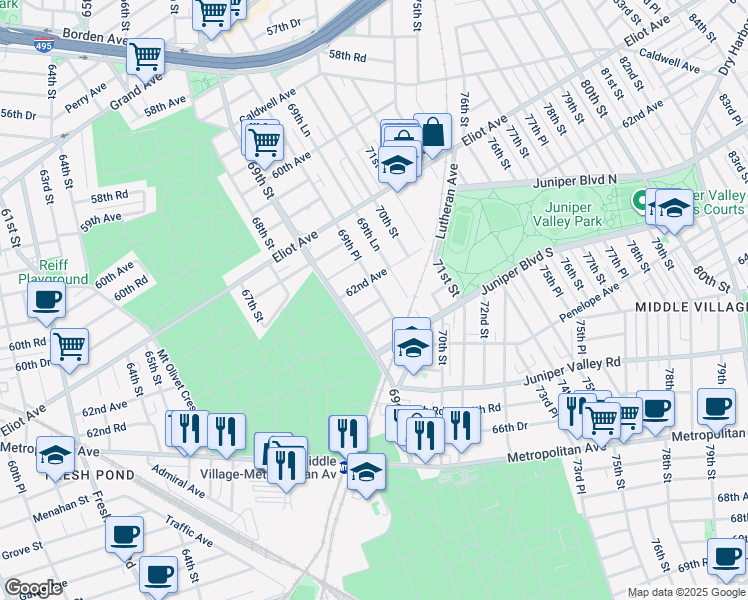 map of restaurants, bars, coffee shops, grocery stores, and more near 69-19 62nd Road in Queens