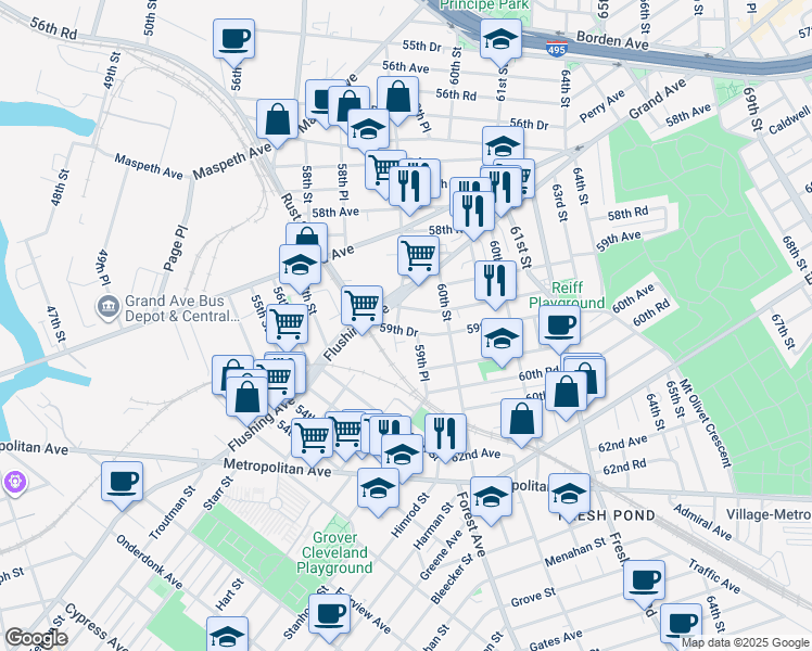 map of restaurants, bars, coffee shops, grocery stores, and more near 59-5 59th Drive in Queens
