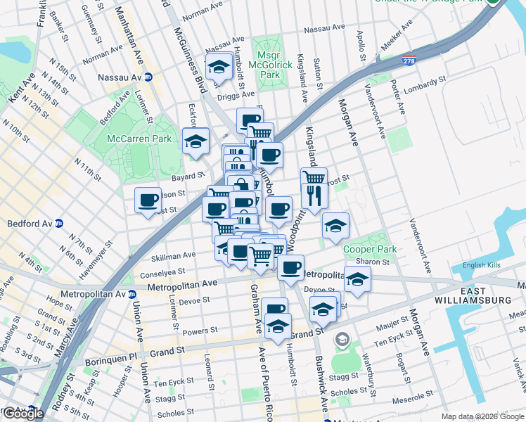 map of restaurants, bars, coffee shops, grocery stores, and more near 189 Withers Street in Brooklyn