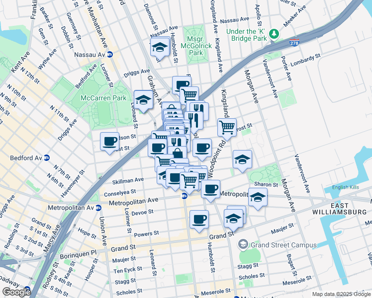 map of restaurants, bars, coffee shops, grocery stores, and more near 189 Withers Street in Brooklyn