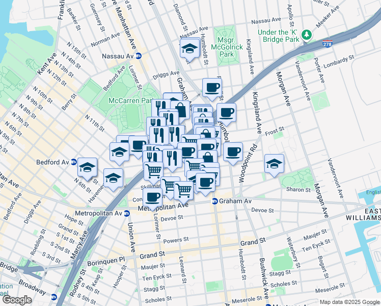 map of restaurants, bars, coffee shops, grocery stores, and more near 104 Frost Street in Brooklyn