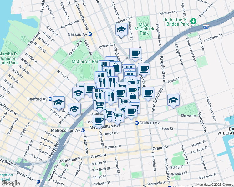 map of restaurants, bars, coffee shops, grocery stores, and more near 104 Frost Street in Brooklyn