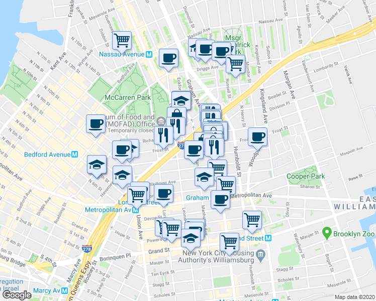 map of restaurants, bars, coffee shops, grocery stores, and more near 104 Frost Street in Brooklyn