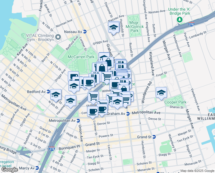map of restaurants, bars, coffee shops, grocery stores, and more near 104 Frost Street in Brooklyn