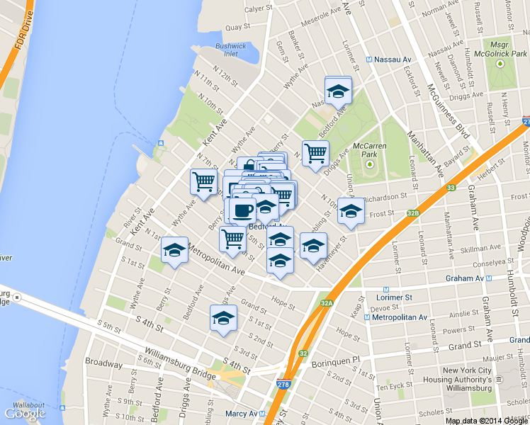 map of restaurants, bars, coffee shops, grocery stores, and more near 155 North 7th Street in Brooklyn