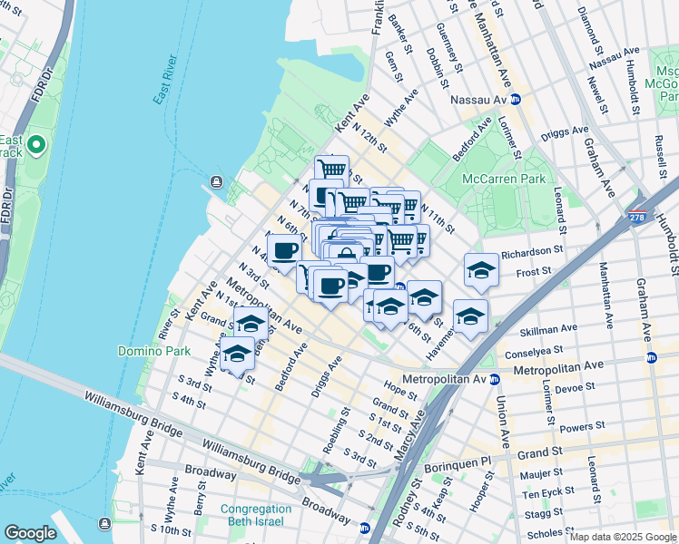 map of restaurants, bars, coffee shops, grocery stores, and more near 198 Bedford Avenue in Brooklyn