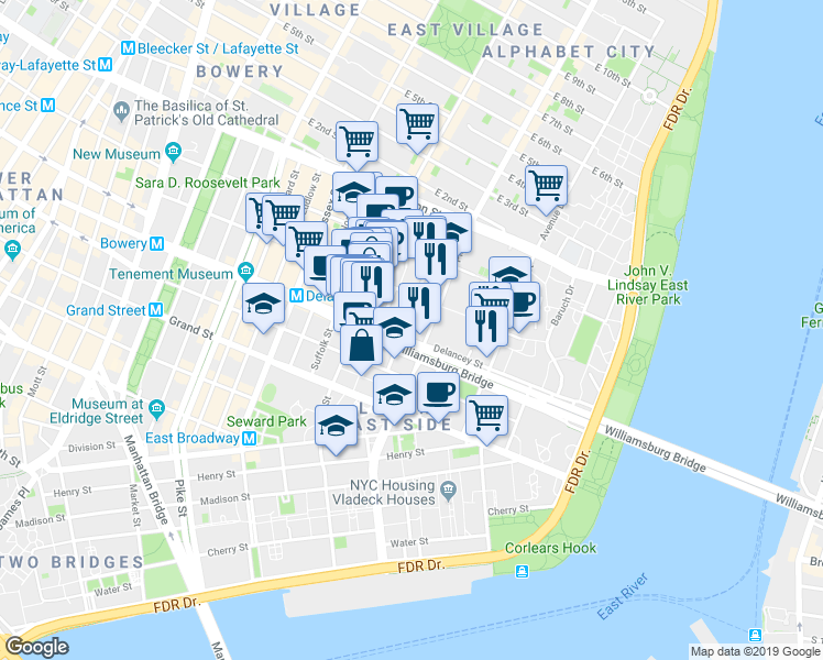 map of restaurants, bars, coffee shops, grocery stores, and more near in New York