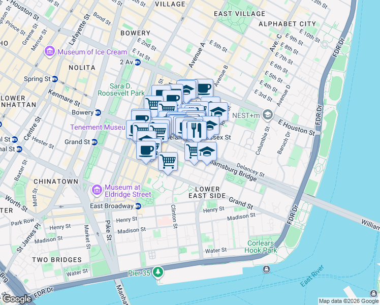 map of restaurants, bars, coffee shops, grocery stores, and more near Ludlow Street in New York
