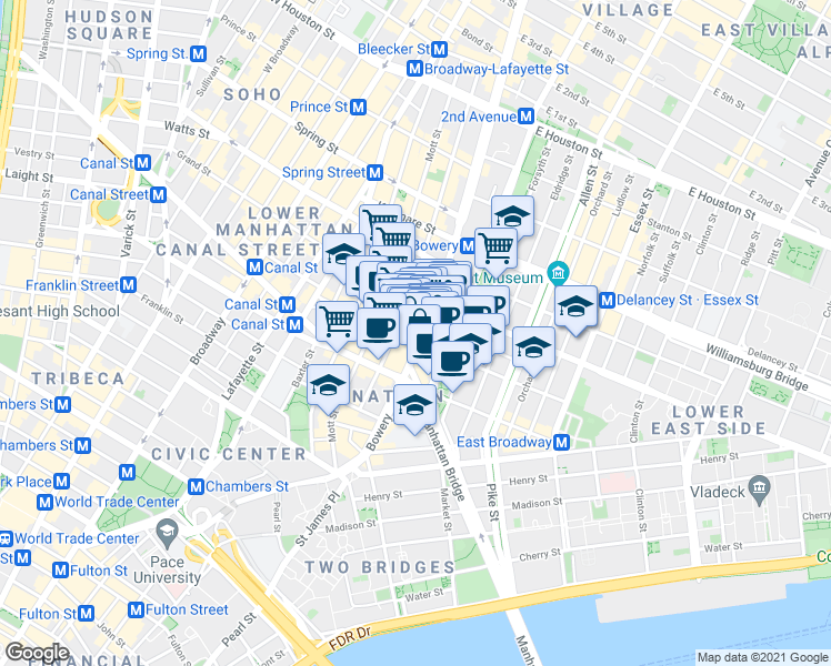 map of restaurants, bars, coffee shops, grocery stores, and more near 237 Grand Street in New York