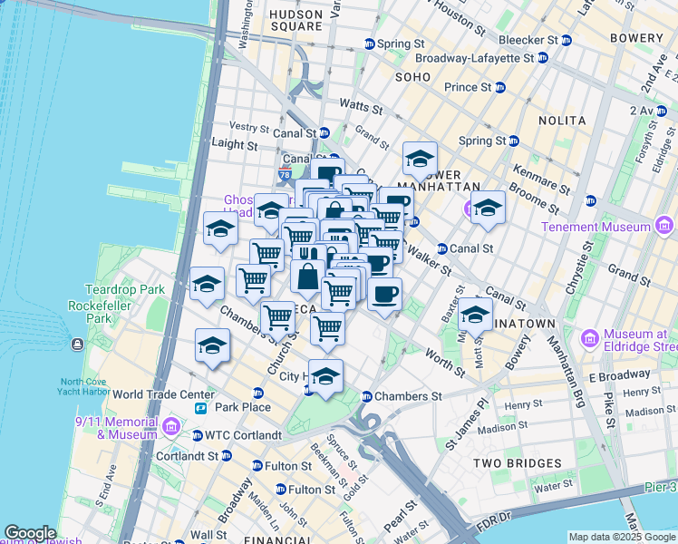 map of restaurants, bars, coffee shops, grocery stores, and more near 69 Leonard Street in New York