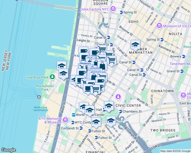 map of restaurants, bars, coffee shops, grocery stores, and more near in New York