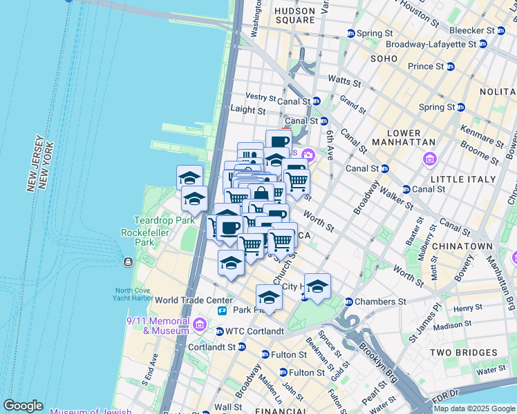 map of restaurants, bars, coffee shops, grocery stores, and more near 165 Duane Street in New York