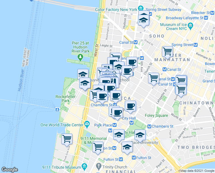 map of restaurants, bars, coffee shops, grocery stores, and more near 165 Duane Street in New York