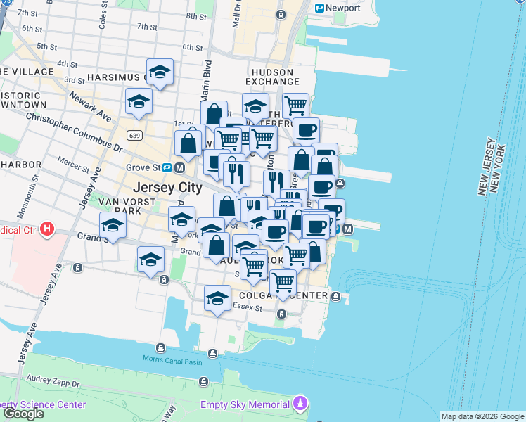 map of restaurants, bars, coffee shops, grocery stores, and more near in Jersey City