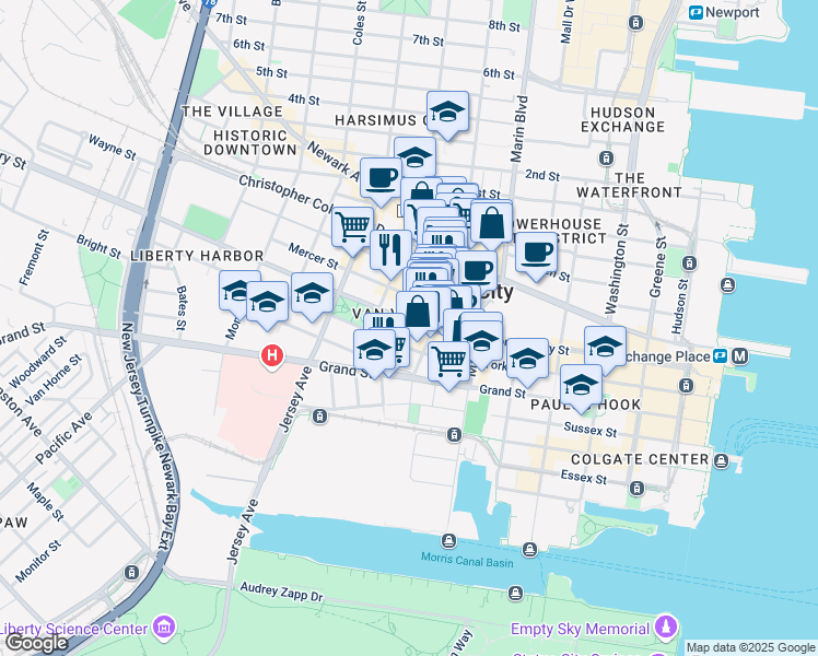 map of restaurants, bars, coffee shops, grocery stores, and more near 215 Montgomery Street in Jersey City