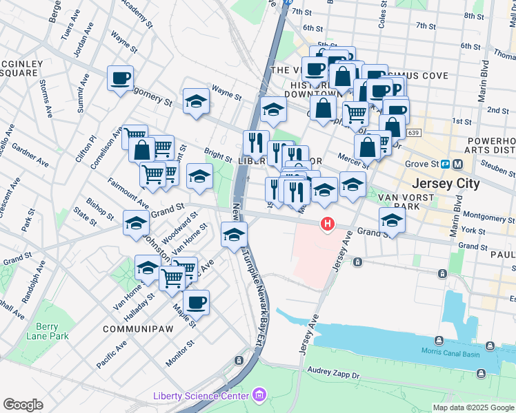 map of restaurants, bars, coffee shops, grocery stores, and more near 464 Grand Street in Jersey City