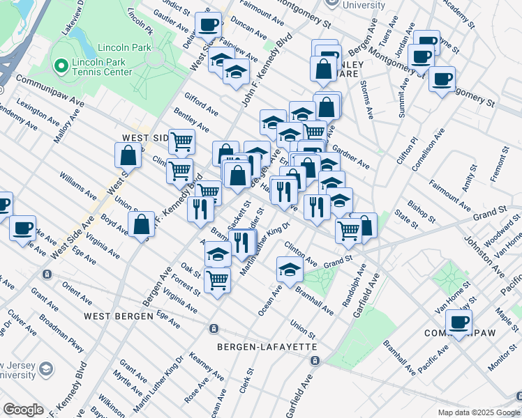 map of restaurants, bars, coffee shops, grocery stores, and more near 647 Communipaw Avenue in Jersey City