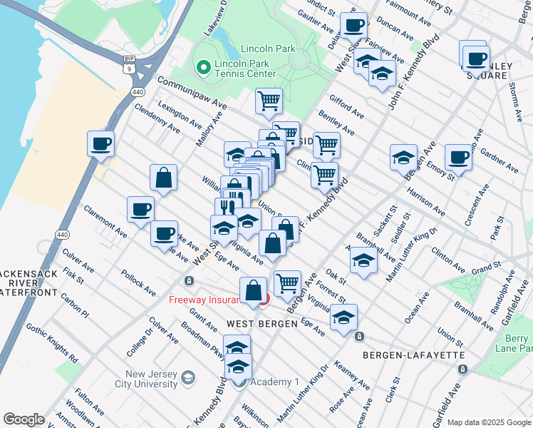 map of restaurants, bars, coffee shops, grocery stores, and more near 7a Boyd Court in Jersey City