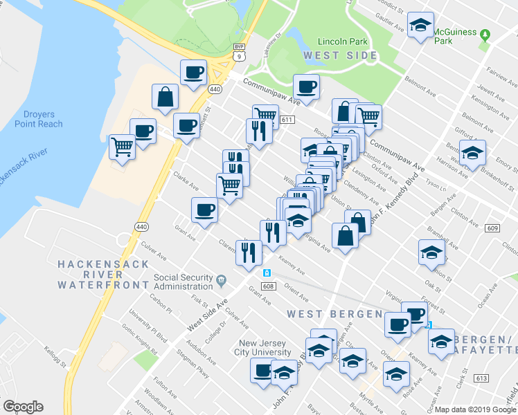 map of restaurants, bars, coffee shops, grocery stores, and more near 306 Ege Avenue in Jersey City
