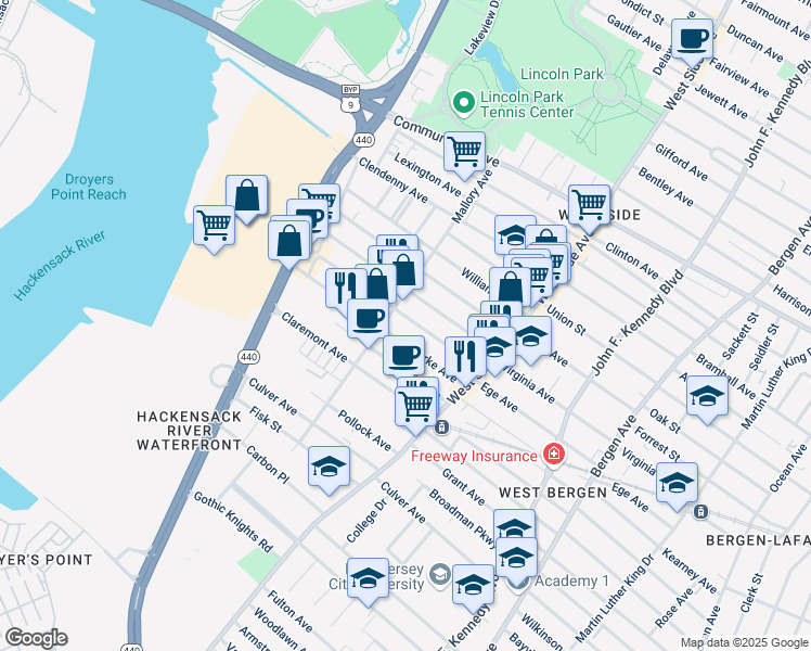 map of restaurants, bars, coffee shops, grocery stores, and more near 80 Clarke Avenue in Jersey City