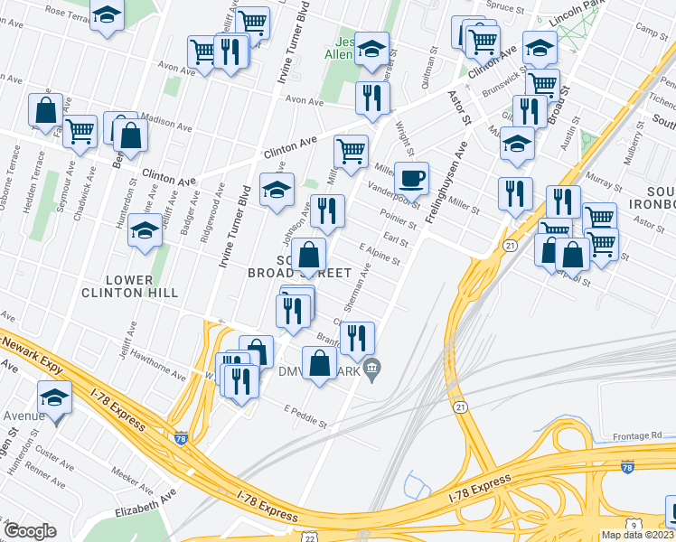 map of restaurants, bars, coffee shops, grocery stores, and more near 7 Stanton Street in Newark