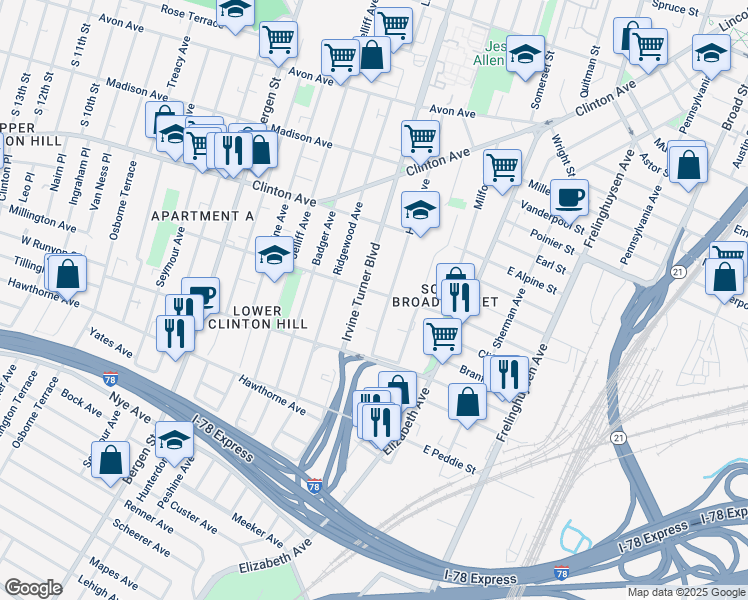 map of restaurants, bars, coffee shops, grocery stores, and more near 164 West Bigelow Street in Newark