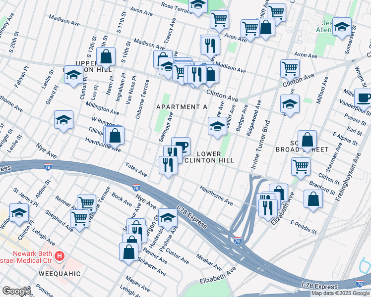 map of restaurants, bars, coffee shops, grocery stores, and more near in Newark
