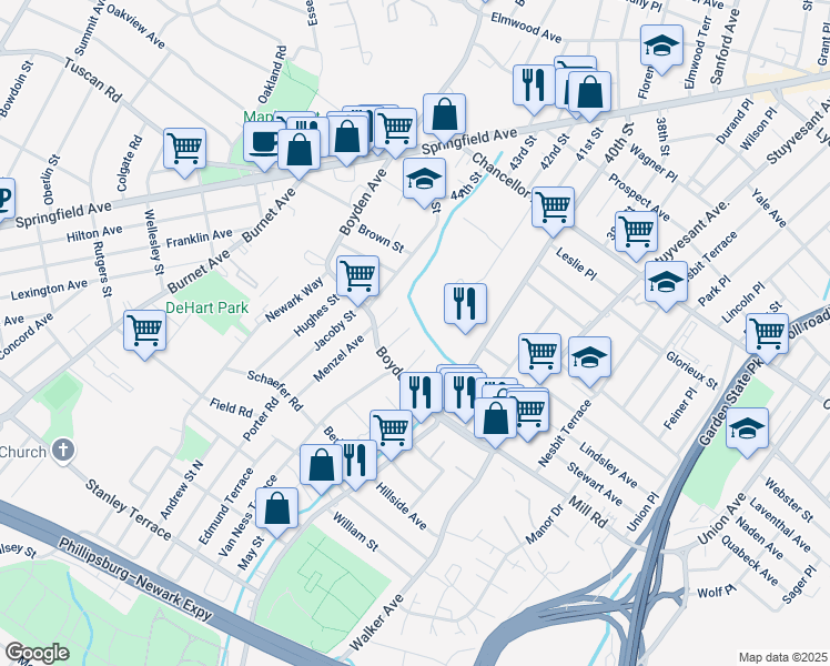 map of restaurants, bars, coffee shops, grocery stores, and more near 19 Troy Court in Maplewood