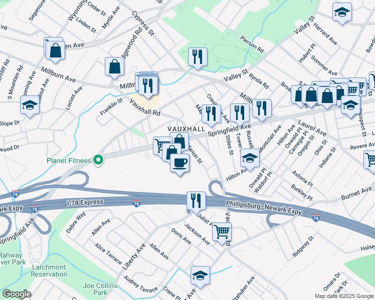 map of restaurants, bars, coffee shops, grocery stores, and more near 376 Marion Street in Union