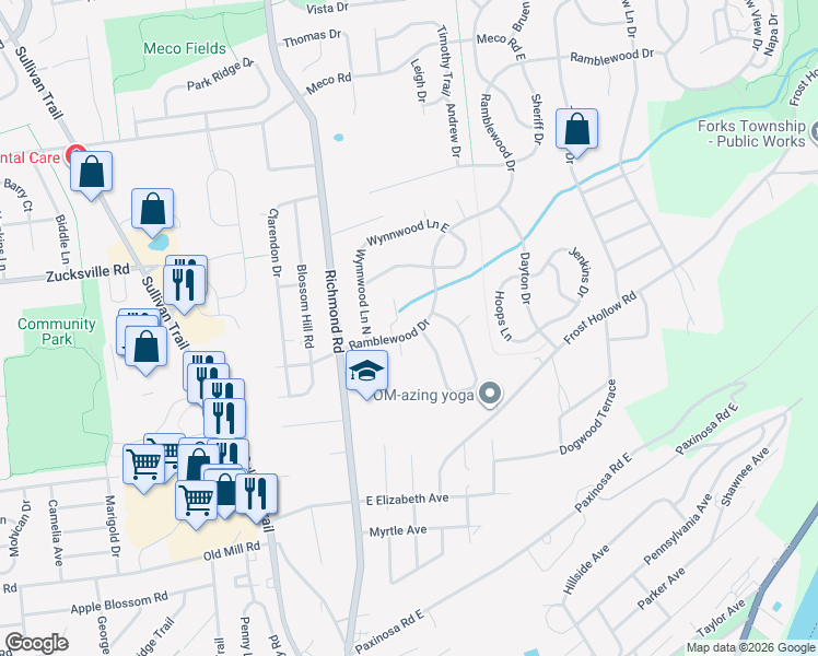 map of restaurants, bars, coffee shops, grocery stores, and more near 110 Ramblewood Drive in Easton