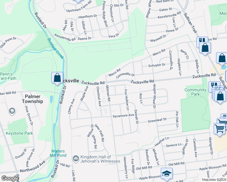 map of restaurants, bars, coffee shops, grocery stores, and more near 1919 Mitman Road in Easton