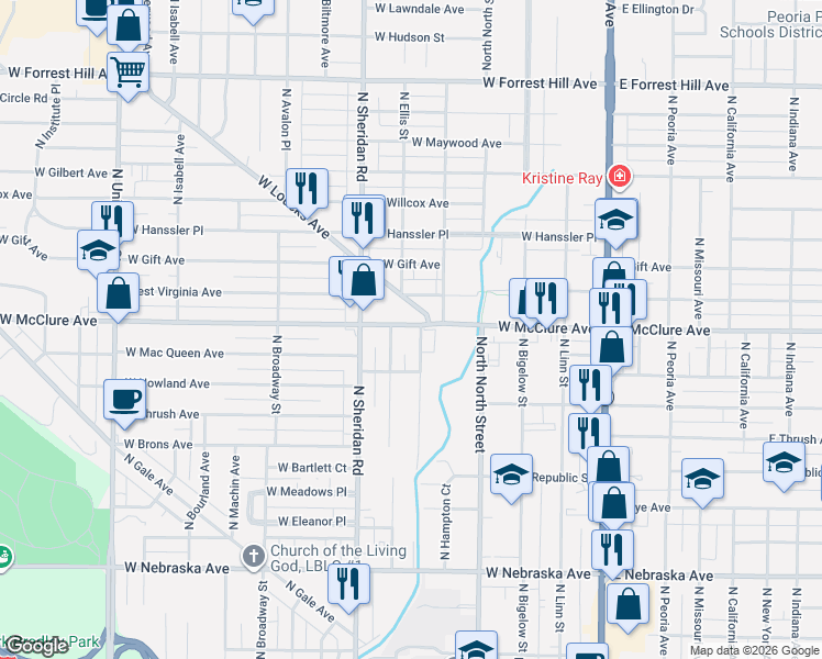map of restaurants, bars, coffee shops, grocery stores, and more near 428 West McClure Avenue in Peoria