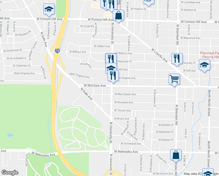 map of restaurants, bars, coffee shops, grocery stores, and more near 2411 North University Street in Peoria