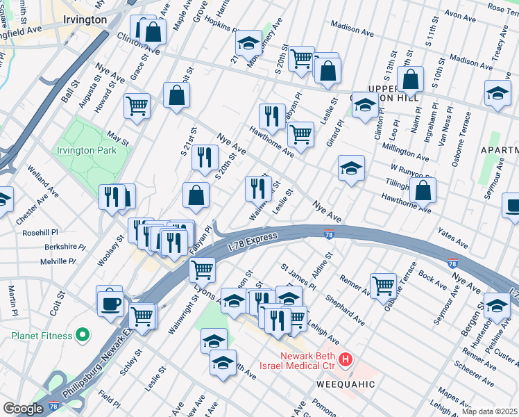 map of restaurants, bars, coffee shops, grocery stores, and more near 120 Bragaw Avenue in Newark