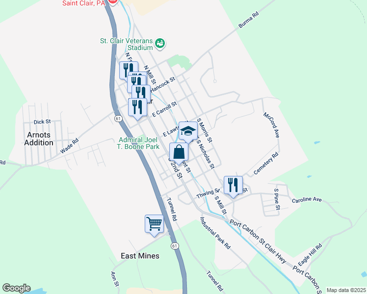 map of restaurants, bars, coffee shops, grocery stores, and more near 114 East Railroad Street in Saint Clair