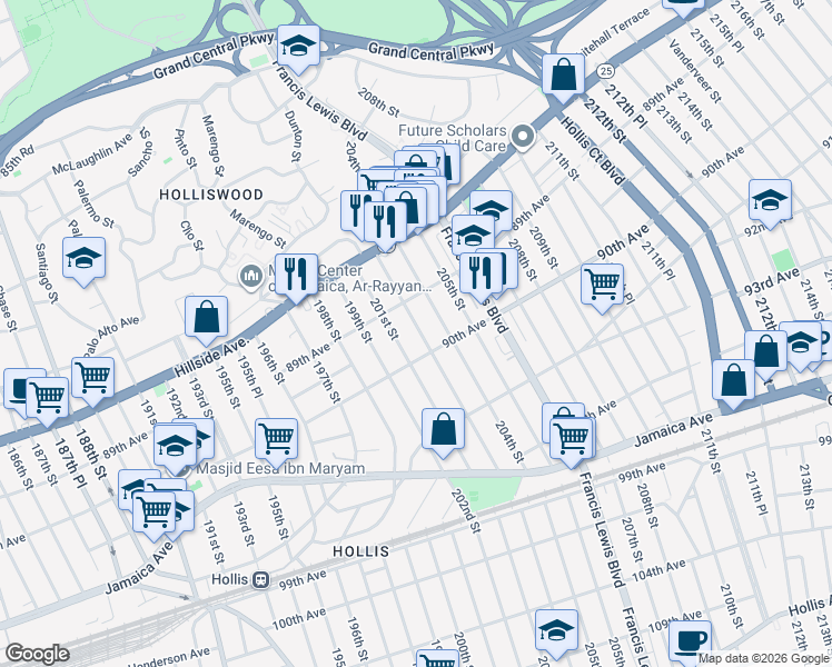 map of restaurants, bars, coffee shops, grocery stores, and more near 89-25 201st Street in Queens