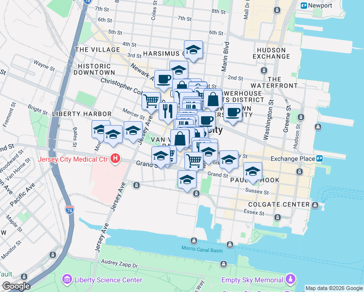 map of restaurants, bars, coffee shops, grocery stores, and more near 215 Montgomery Street in Jersey City