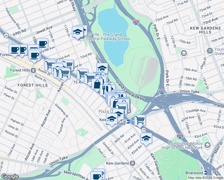 map of restaurants, bars, coffee shops, grocery stores, and more near 76-15 113th Street in Queens