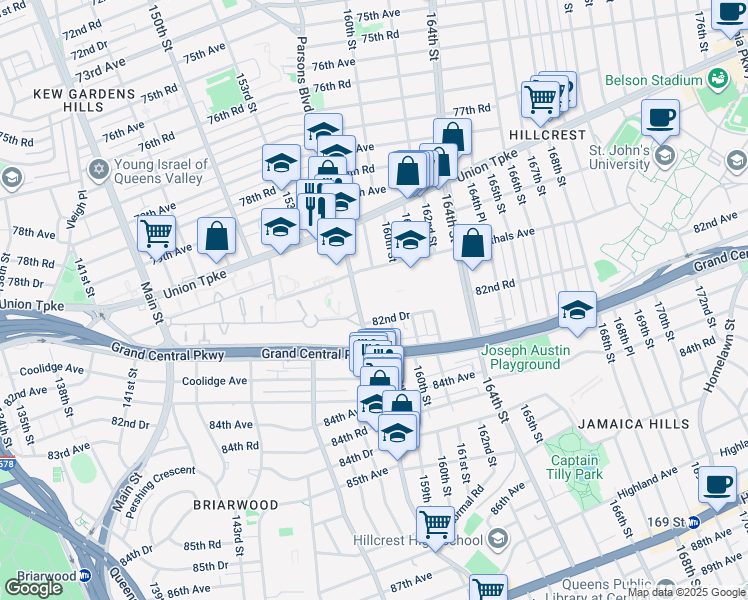 map of restaurants, bars, coffee shops, grocery stores, and more near 41 Parsons Boulevard in Queens