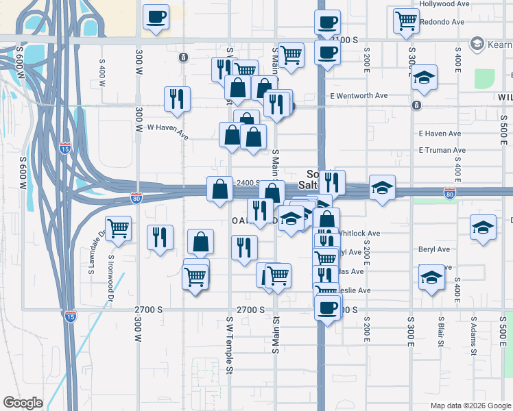 map of restaurants, bars, coffee shops, grocery stores, and more near 37 West Robert Avenue in Salt Lake City