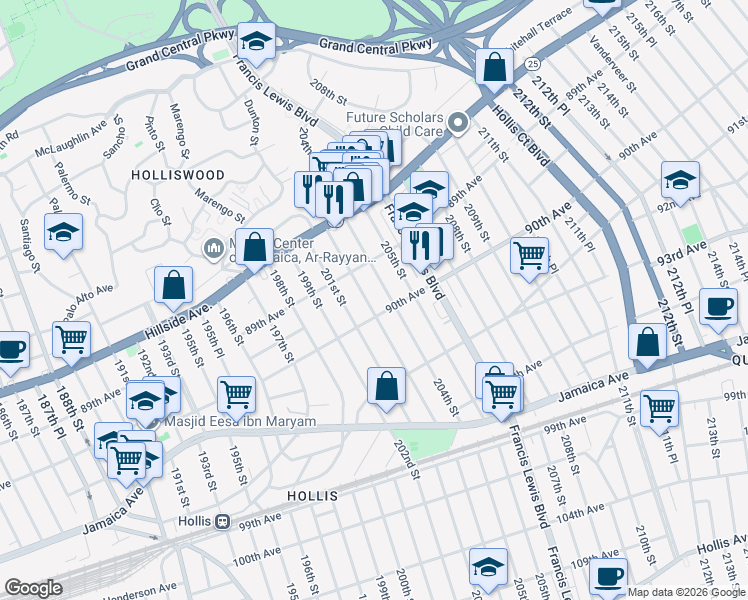 map of restaurants, bars, coffee shops, grocery stores, and more near 89-50 204th Street in Queens