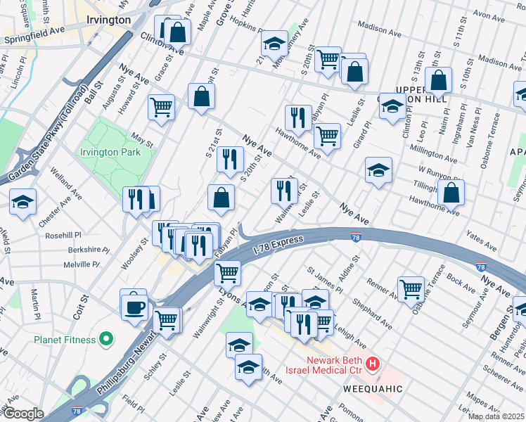 map of restaurants, bars, coffee shops, grocery stores, and more near 86 Schley Street in Newark