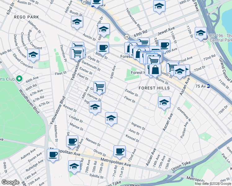 map of restaurants, bars, coffee shops, grocery stores, and more near 100-03 70th Avenue in Queens