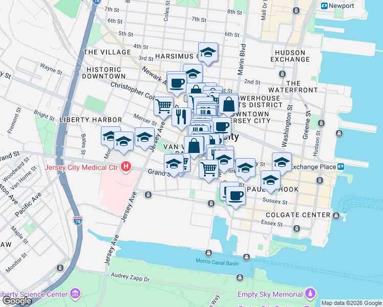map of restaurants, bars, coffee shops, grocery stores, and more near 215 Montgomery Street in Jersey City