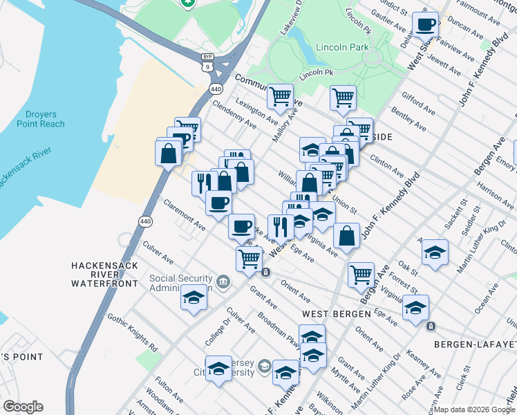 map of restaurants, bars, coffee shops, grocery stores, and more near 306 Ege Avenue in Jersey City