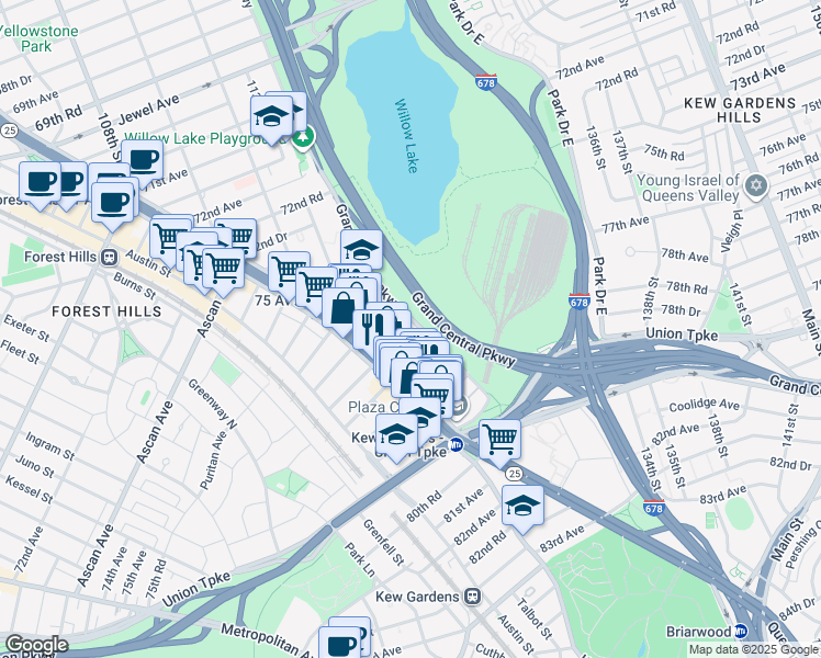 map of restaurants, bars, coffee shops, grocery stores, and more near 76-28 Grand Central Parkway in Queens