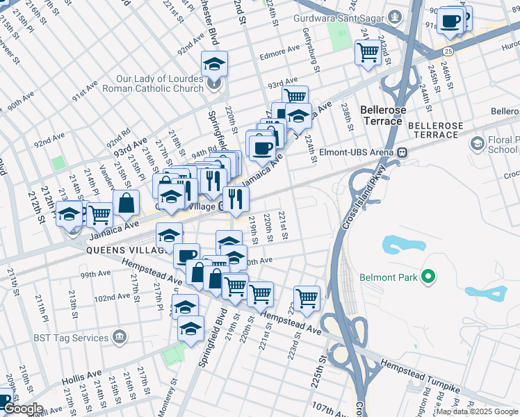 map of restaurants, bars, coffee shops, grocery stores, and more near 21915 97th Avenue in Queens