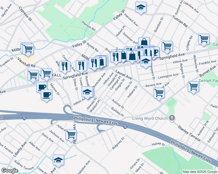 map of restaurants, bars, coffee shops, grocery stores, and more near 266 Oswald Place in Union