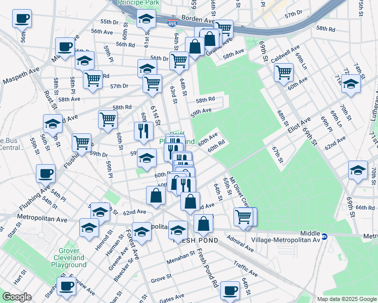 map of restaurants, bars, coffee shops, grocery stores, and more near 62-47 60th Avenue in Queens
